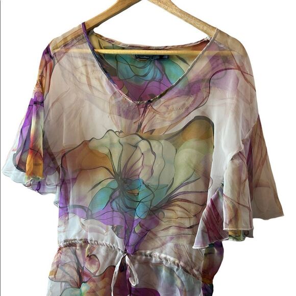 COSTA BLANCA Beige Floral Watercolour Semi Sheer Flutter Short Sleeve Top XS - Picture 2 of 7